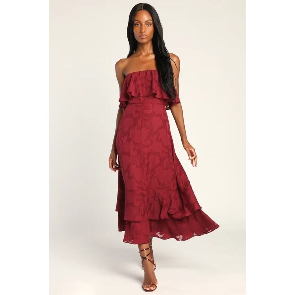 Lulu's Wine Red Strapless Midi Dress